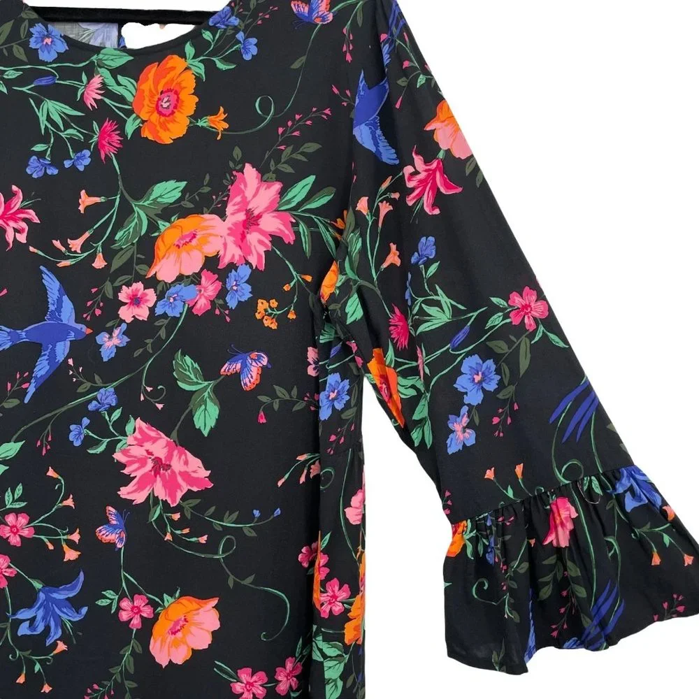 Old Navy Size X-Large Long Bell Sleeve Black Multicolor Floral Shift Dress Rayon - Picture 3 of 6